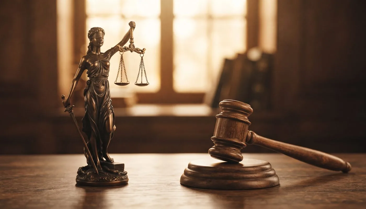 Bronzene Justitia neben einem hölzernen Richterhammer