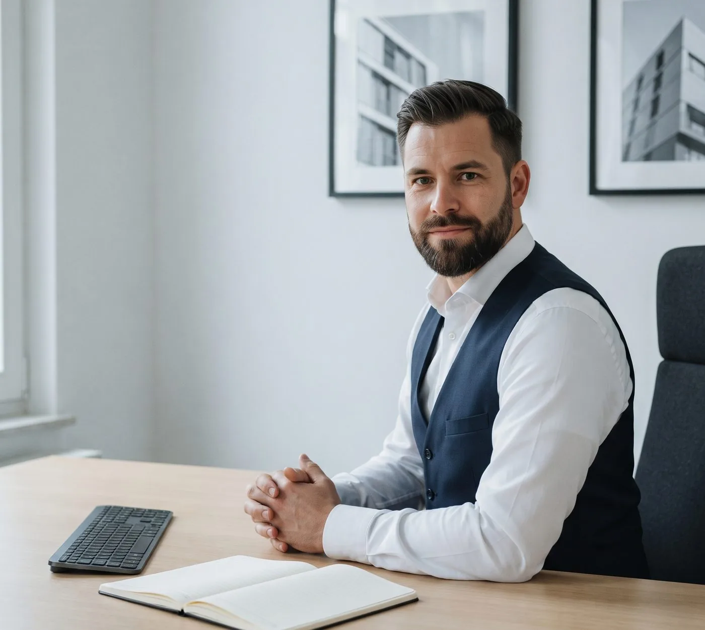 Dr. Lukas Reinhart an seinem Schreibtisch in der Kanzlei